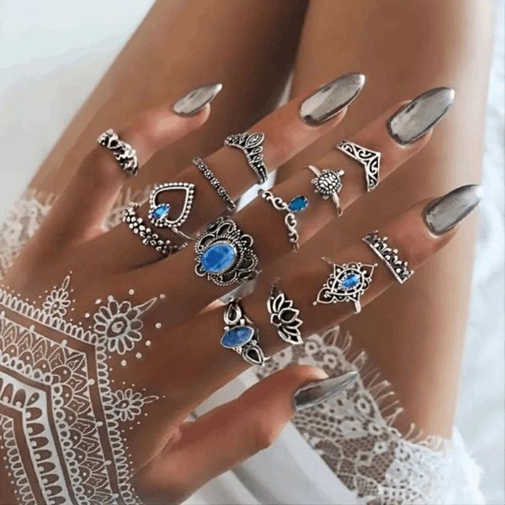 Retro Silver Lotus Crown Heart Turtle Aquamarine Sapphire Ring 13 Piece Set